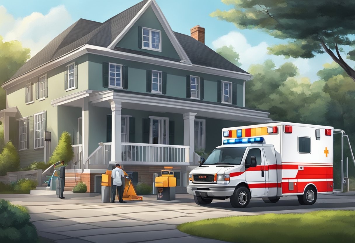 Uma ambulância estacionada em frente a uma casa, com equipamentos médicos sendo descarregados por paramédicos.