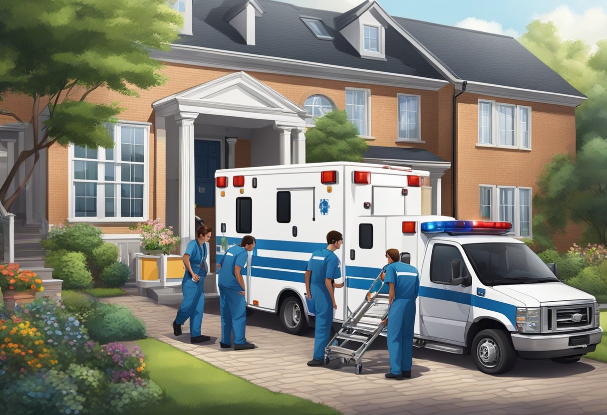 Uma ambulância estacionada do lado de fora de uma residência, com paramédicos descarregando equipamentos médicos e atendendo a um paciente em uma maca.