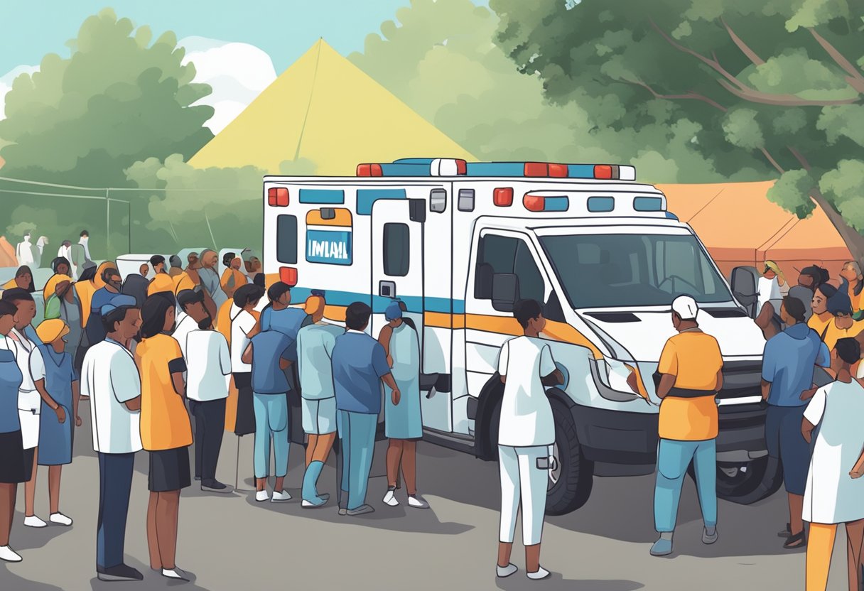 Ambulancia eventos: serviços essenciais para segurança em grandes ocasiões Uma ambulância estacionada em um evento ao ar livre, com pessoas reunidas ao redor e profissionais de saúde atendendo a um paciente em uma maca.