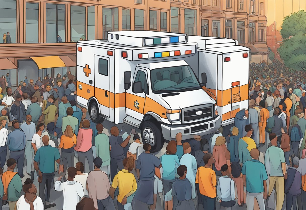 Ambulancia eventos: serviços essenciais para segurança em grandes ocasiões Uma ambulância estacionada do lado de fora de um local de evento lotado, com luzes piscando e um paramédico ao lado.