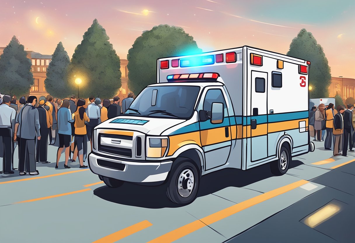 Ambulancia eventos: serviços essenciais para segurança em grandes ocasiões Uma ambulância com luzes piscantes e um logotipo único estacionou em um local de evento lotado.
