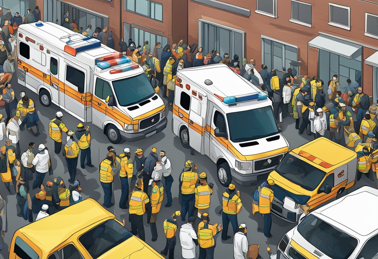 Ambulancia eventos: serviços essenciais para segurança em grandes ocasiões Paramédicos carregando pacientes em ambulâncias em um evento lotado