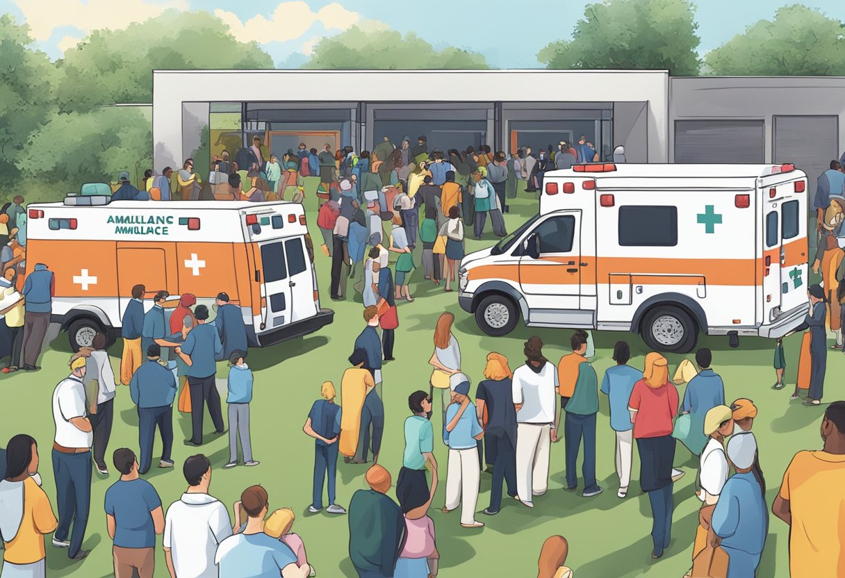 Ambulancia eventos: serviços essenciais para segurança em grandes ocasiões Uma ambulância estacionada do lado de fora de um local, com pessoas circulando em um evento pequeno e grande.