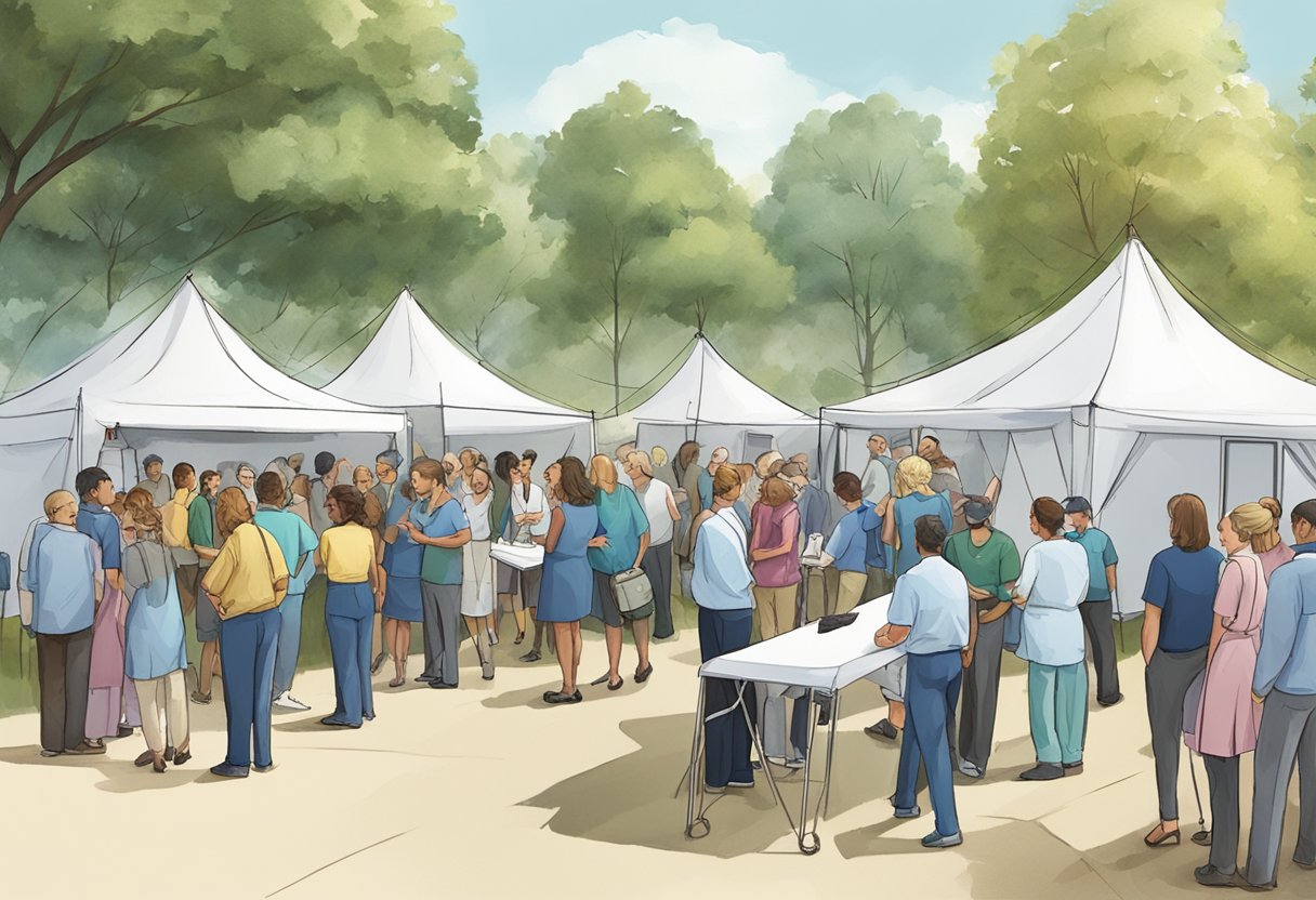Ambulancia eventos: serviços essenciais para segurança em grandes ocasiões Um grupo de pessoas em um evento ao ar livre, com uma tenda montada para serviços médicos e uma ambulância estacionada nas proximidades.
