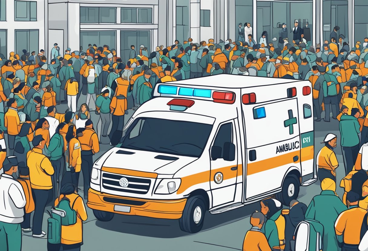 Uma ambulância estacionada do lado de fora de um evento lotado em Curitiba, com paramédicos atendendo a um paciente enquanto os espectadores observam com preocupação.