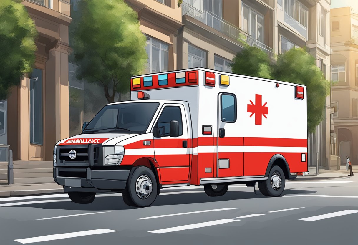 Uma ambulância vermelha brilhante estacionou do lado de fora de um local em Curitiba, com um símbolo de cruz médica na lateral.