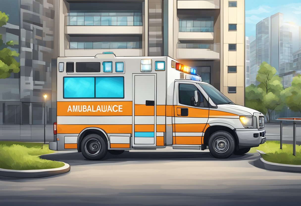 Uma ambulância estacionada do lado de fora de um local em Curitiba, com suas luzes de emergência piscando e equipamentos médicos visíveis através das janelas.