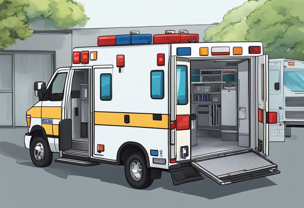 Uma ambulância estacionada em um local de evento, com as portas abertas e equipamentos médicos visíveis dentro.