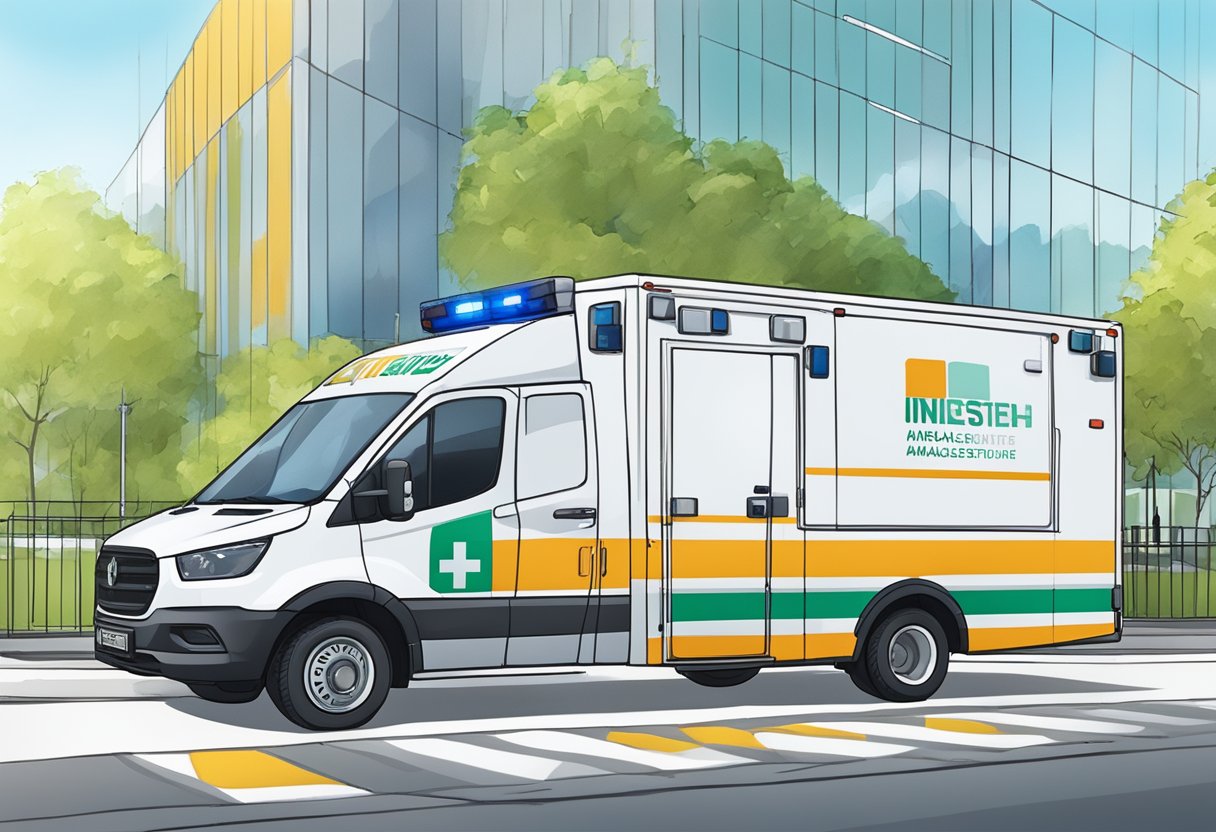 Uma ambulância totalmente equipada estacionada do lado de fora de um local de evento em Curitiba, com infraestrutura e estruturas do evento ao fundo.