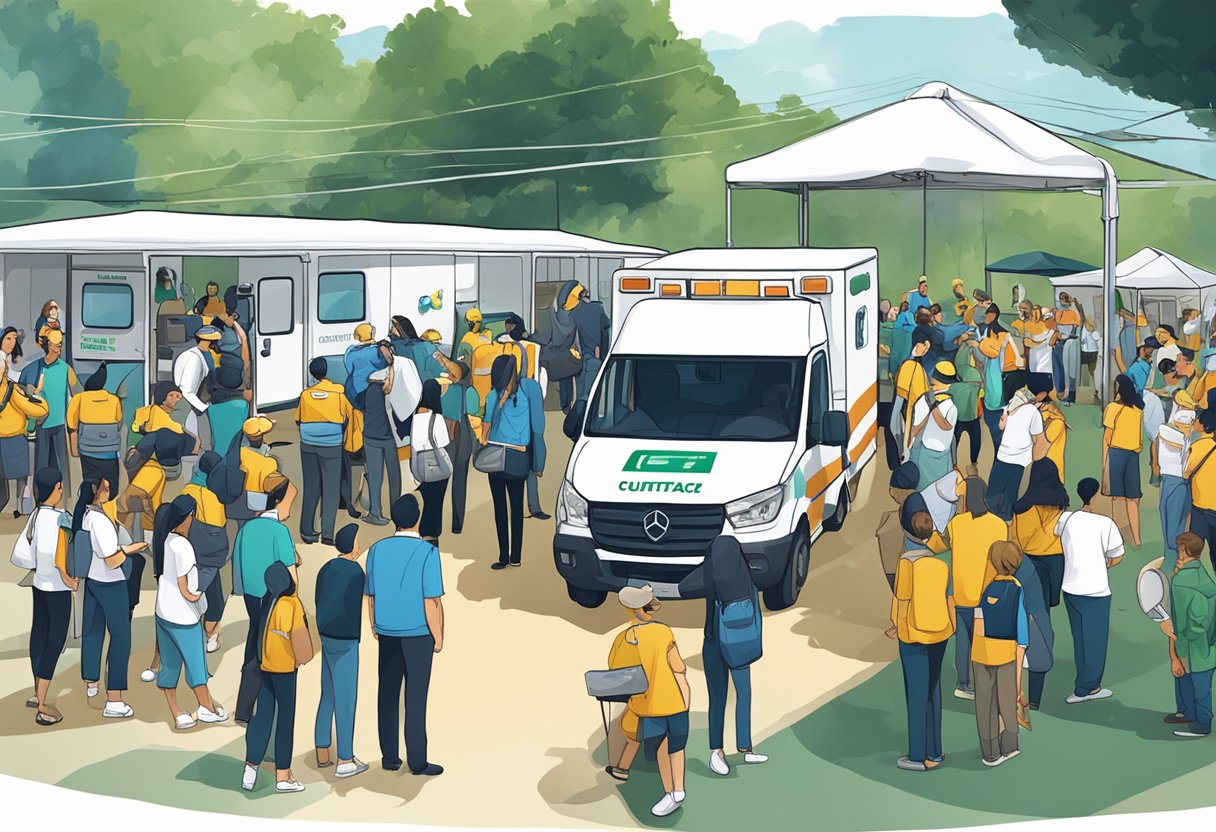Um grupo de pessoas em um evento ao ar livre em Curitiba, com uma ambulância estacionada nas proximidades e a equipe do evento discutindo logística.