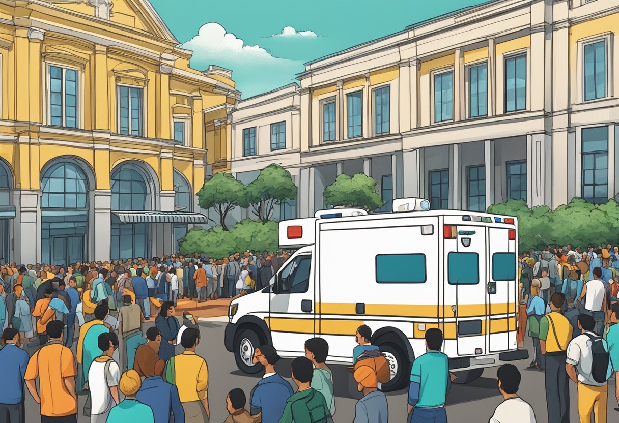 Uma ambulância estacionada do lado de fora de um grande local de eventos em Curitiba, com pessoas circulando e uma sensação de urgência no ar.