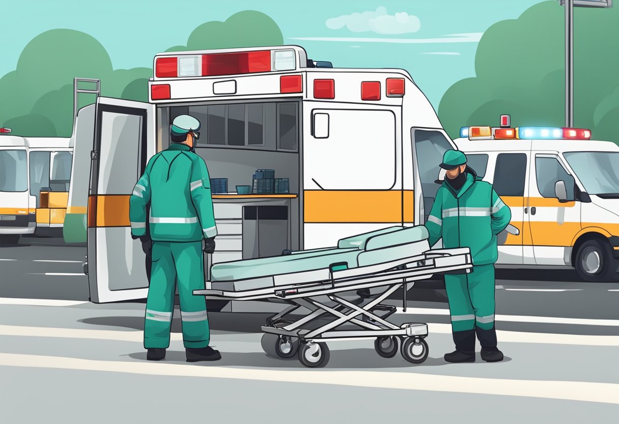 Uma ambulância com uma maca dentro, equipamentos médicos e um paramédico em pé nas proximidades.