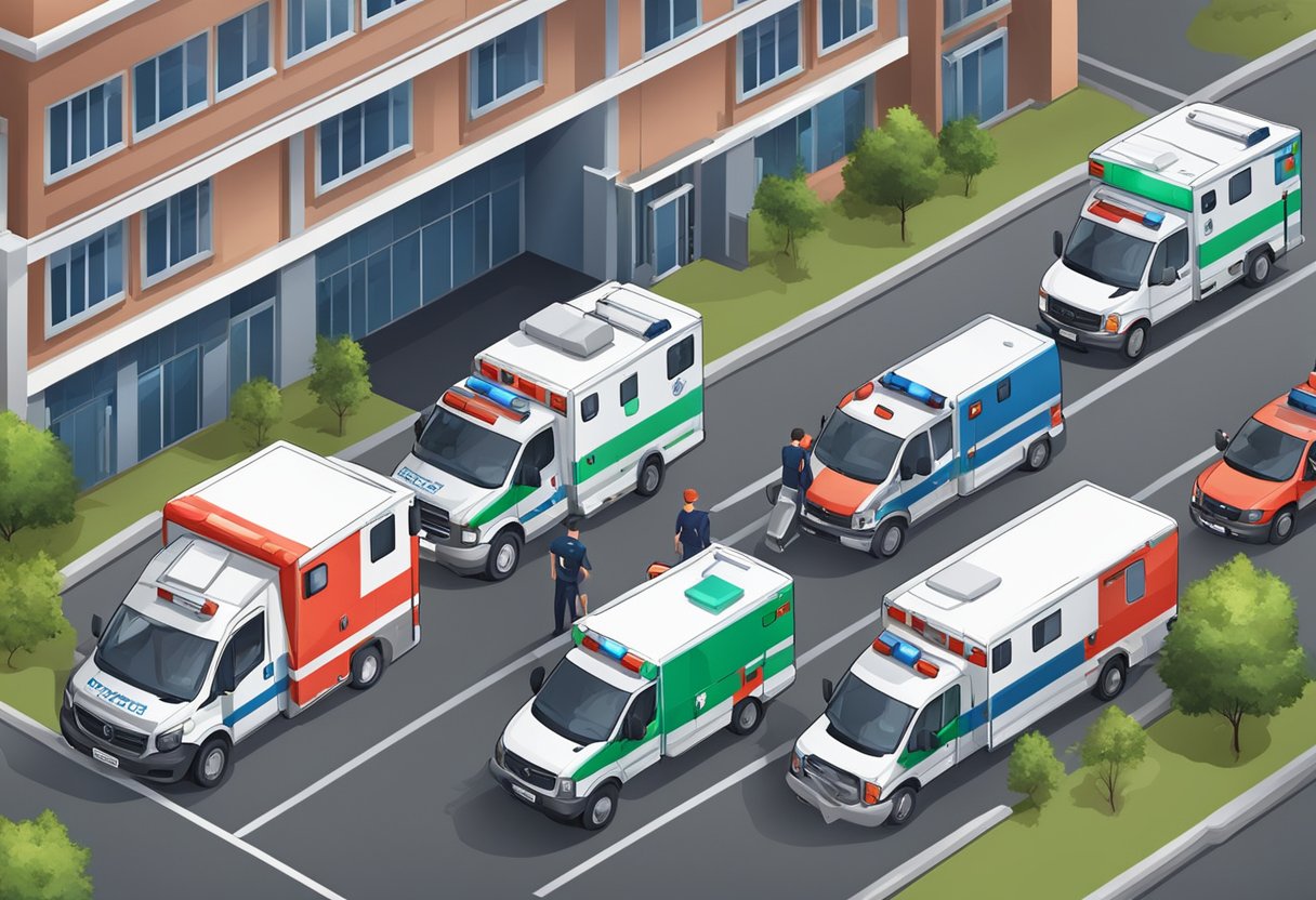 Uma ambulância estacionada do lado de fora de um hospital, com suas luzes piscando e paramédicos carregando uma maca com equipamentos médicos.