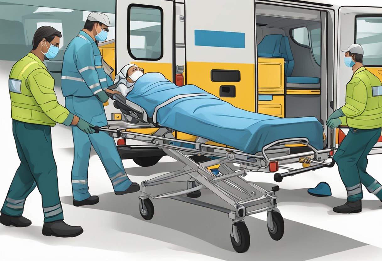 Um paciente sendo transferido com segurança de uma unidade médica para uma ambulância, com profissionais de saúde cuidadosamente segurando o paciente em uma maca antes de carregá-lo no veículo.