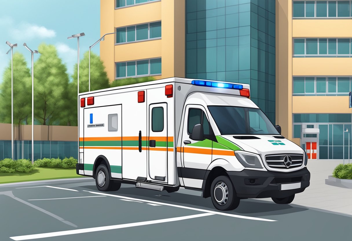 Uma ambulância com equipamento médico e uma maca estacionada do lado de fora de um hospital, pronta para o transporte de pacientes entre hospitais.