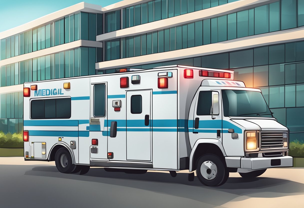 Uma ambulância estacionada do lado de fora de um hospital, com equipamentos médicos e luzes de emergência visíveis através das janelas.