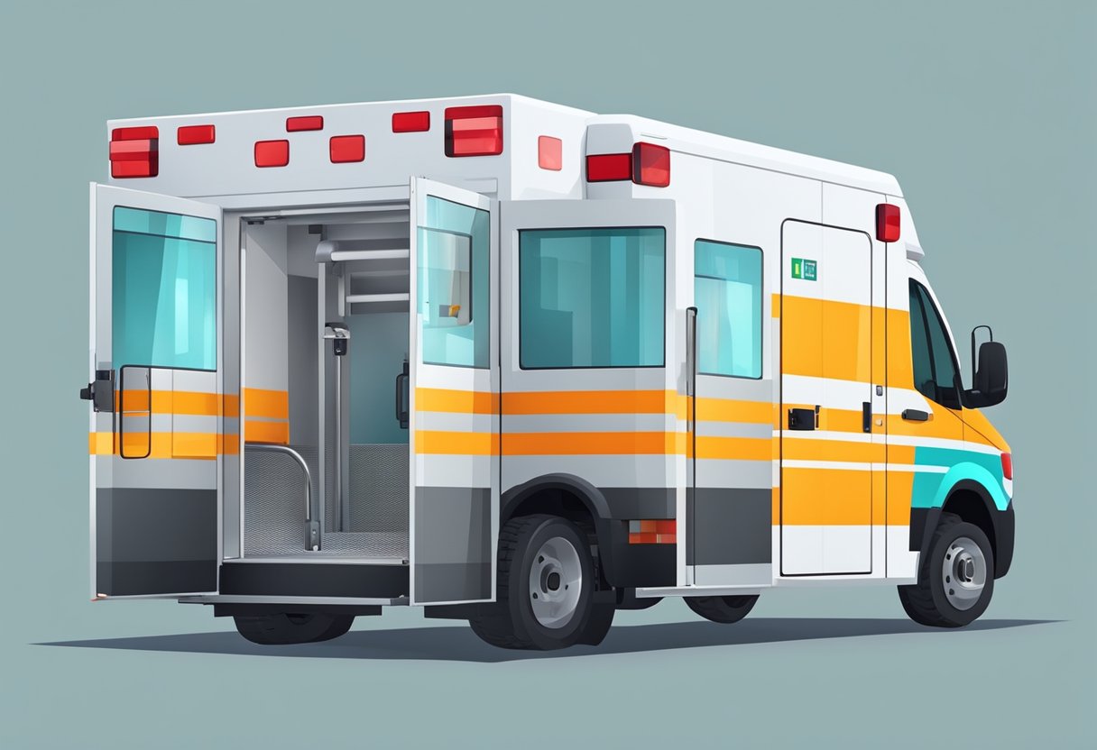 Uma ambulância brilhante e moderna estacionada do lado de fora de uma instalação médica, com uma maca e equipamentos médicos visíveis através das portas traseiras abertas.