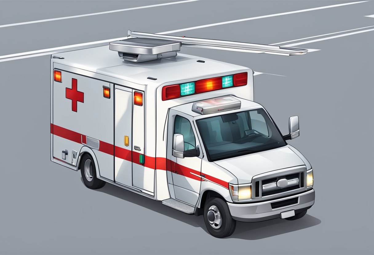 Uma ambulância com equipamentos médicos avançados e um design elegante, transportando pacientes de forma segura e eficiente.