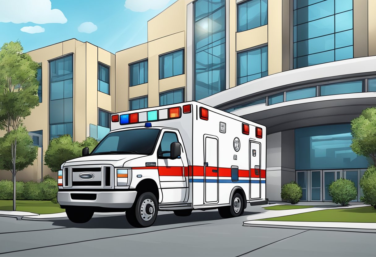 Uma ambulância estacionada do lado de fora de um hospital, pronta para o transporte de pacientes