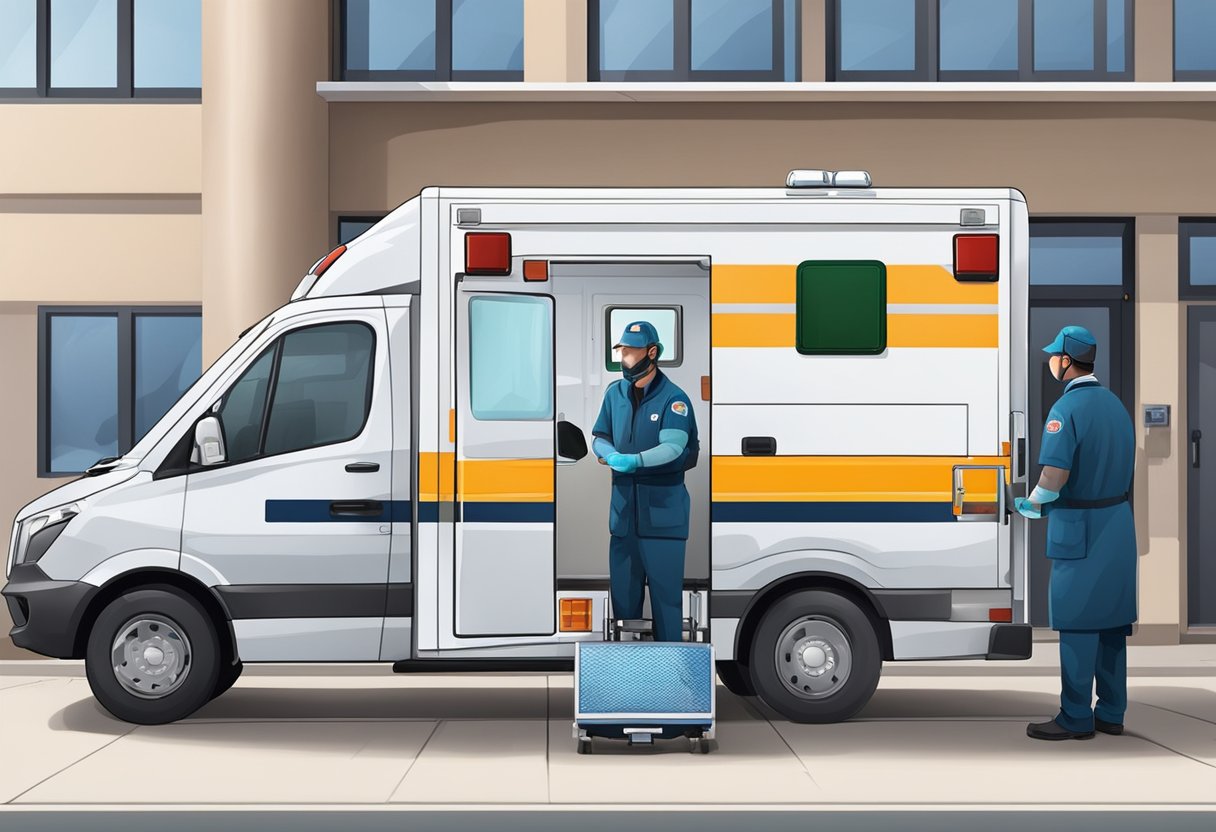 Uma ambulância particular estacionada do lado de fora de uma instalação médica, com um paramédico carregando equipamentos no veículo.