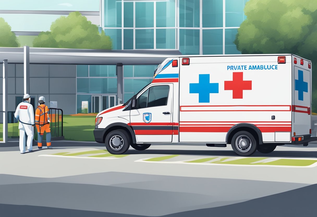 Uma ambulância particular estacionada do lado de fora de um hospital, com paramédicos carregando equipamentos médicos no veículo.