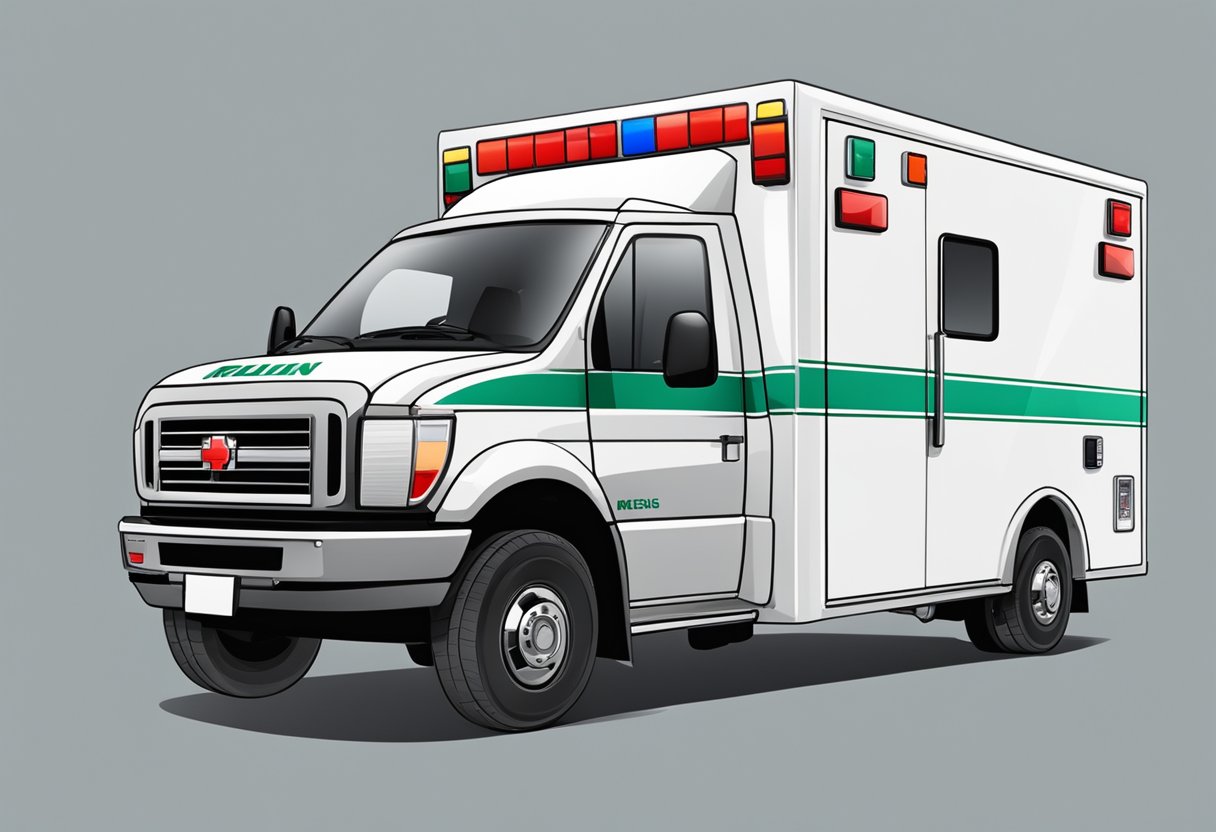 Uma ambulância particular estacionada com as portas abertas, exibindo equipamentos médicos e uma lista de preços