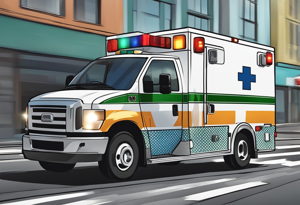 Uma ambulância particular correndo pelo trânsito com luzes piscantes e sirenes estrondosas