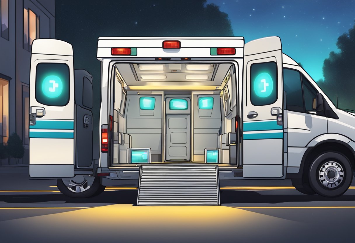 Uma ambulância particular estacionada do lado de fora de um local de evento especial, com luzes piscando e equipamentos médicos visíveis através das portas traseiras abertas.