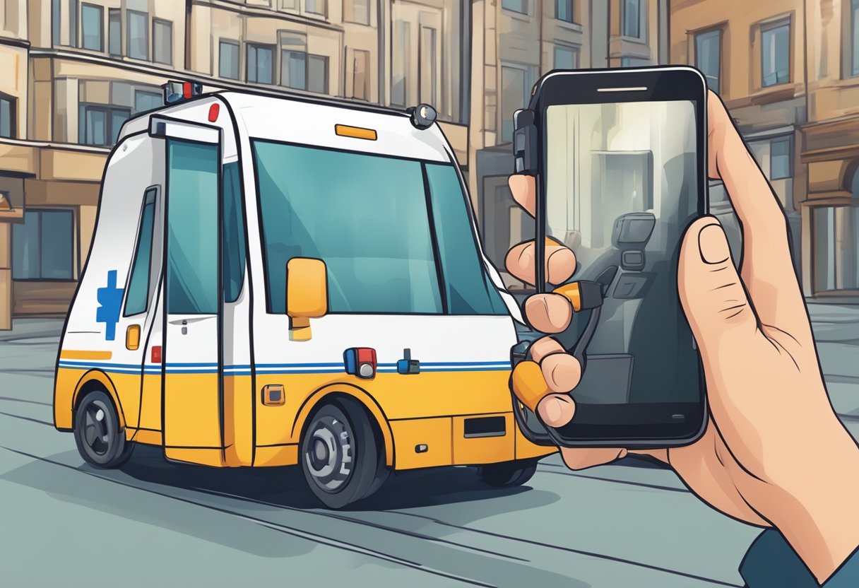 Uma pessoa ligando para um serviço de ambulância particular pelo smartphone, com uma expressão de urgência e preocupação no rosto.