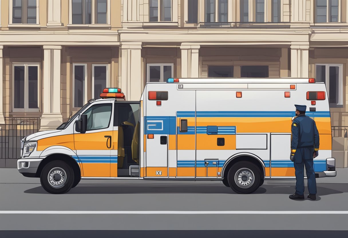 Uma ambulância particular estacionada do lado de fora de um prédio, com suas luzes piscando e o motorista parado perto.