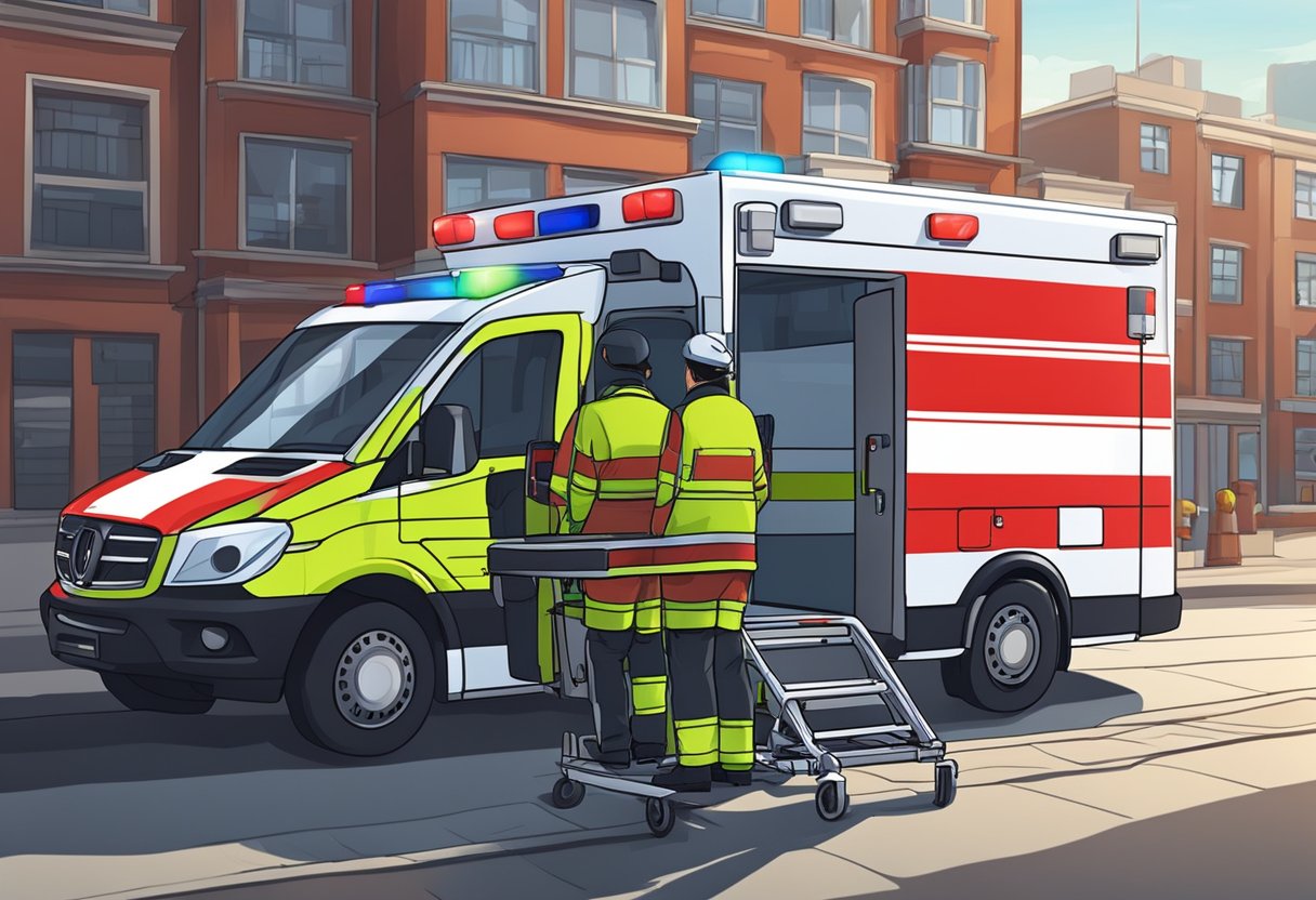 Uma ambulância particular com luzes vermelhas e brancas piscando estacionou do lado de fora de um prédio, enquanto os paramédicos carregavam uma maca na parte de trás.