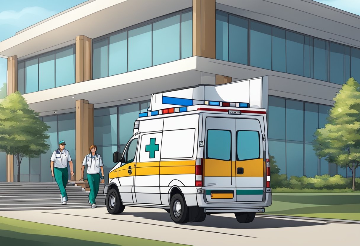Uma ambulância particular estacionada do lado de fora de um hospital, com um paramédico carregando equipamentos médicos.