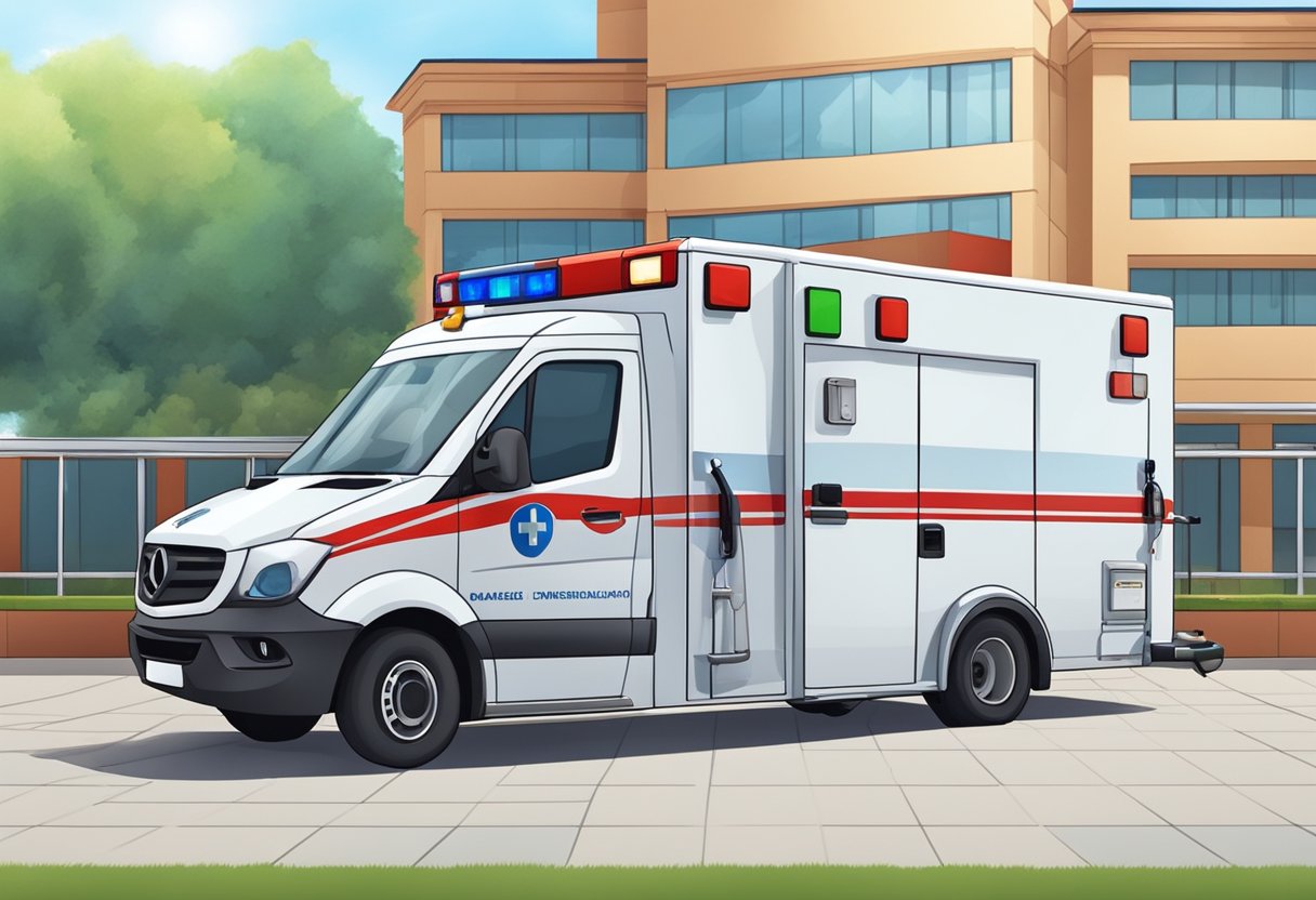 Uma ambulância particular estacionada do lado de fora de um hospital, com um paramédico descarregando equipamentos médicos.