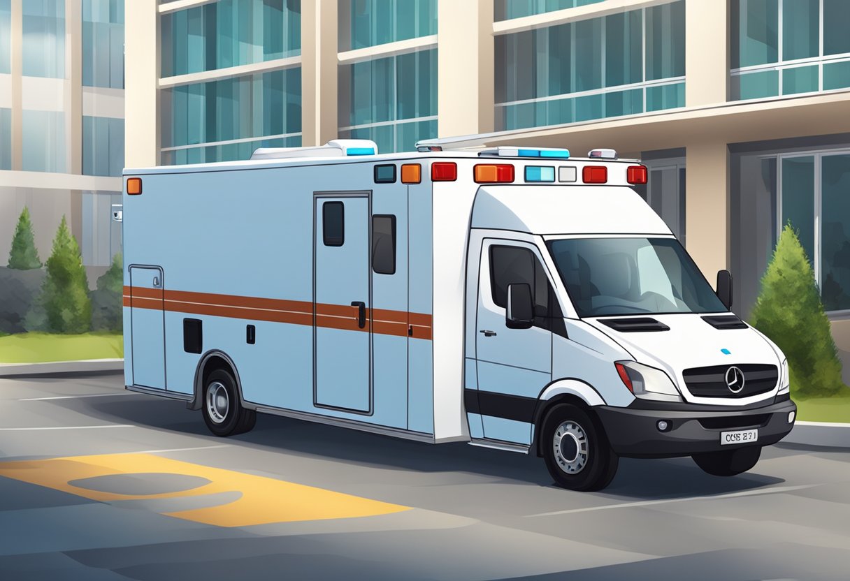 Uma ambulância particular estacionada do lado de fora de uma unidade médica, com equipamentos médicos e profissionais visíveis dentro.