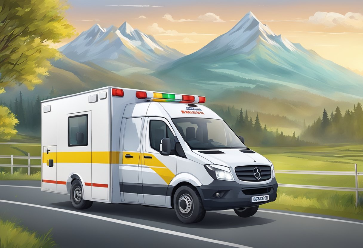 Uma ambulância particular percorrendo várias regiões de um país, mostrando sua cobertura em todo o território nacional.