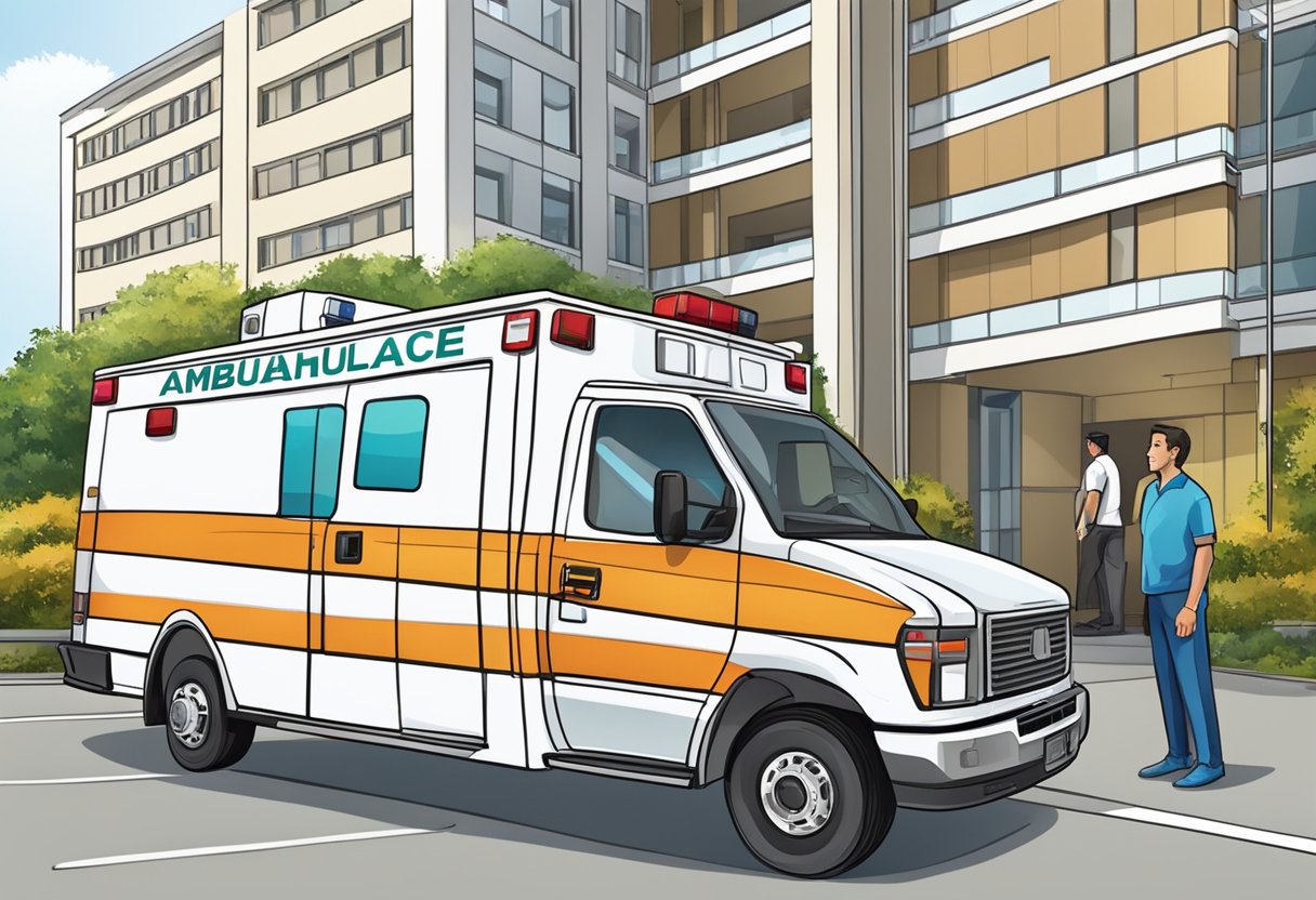 Uma ambulância particular estacionada em frente a um hospital, com um contrato sendo trocado entre duas pessoas.