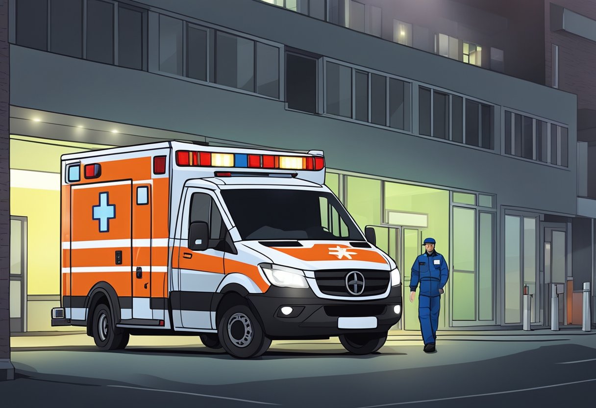 Uma ambulância particular estacionada do lado de fora de um prédio, com suas luzes piscando e paramédicos atendendo a um paciente em uma maca.