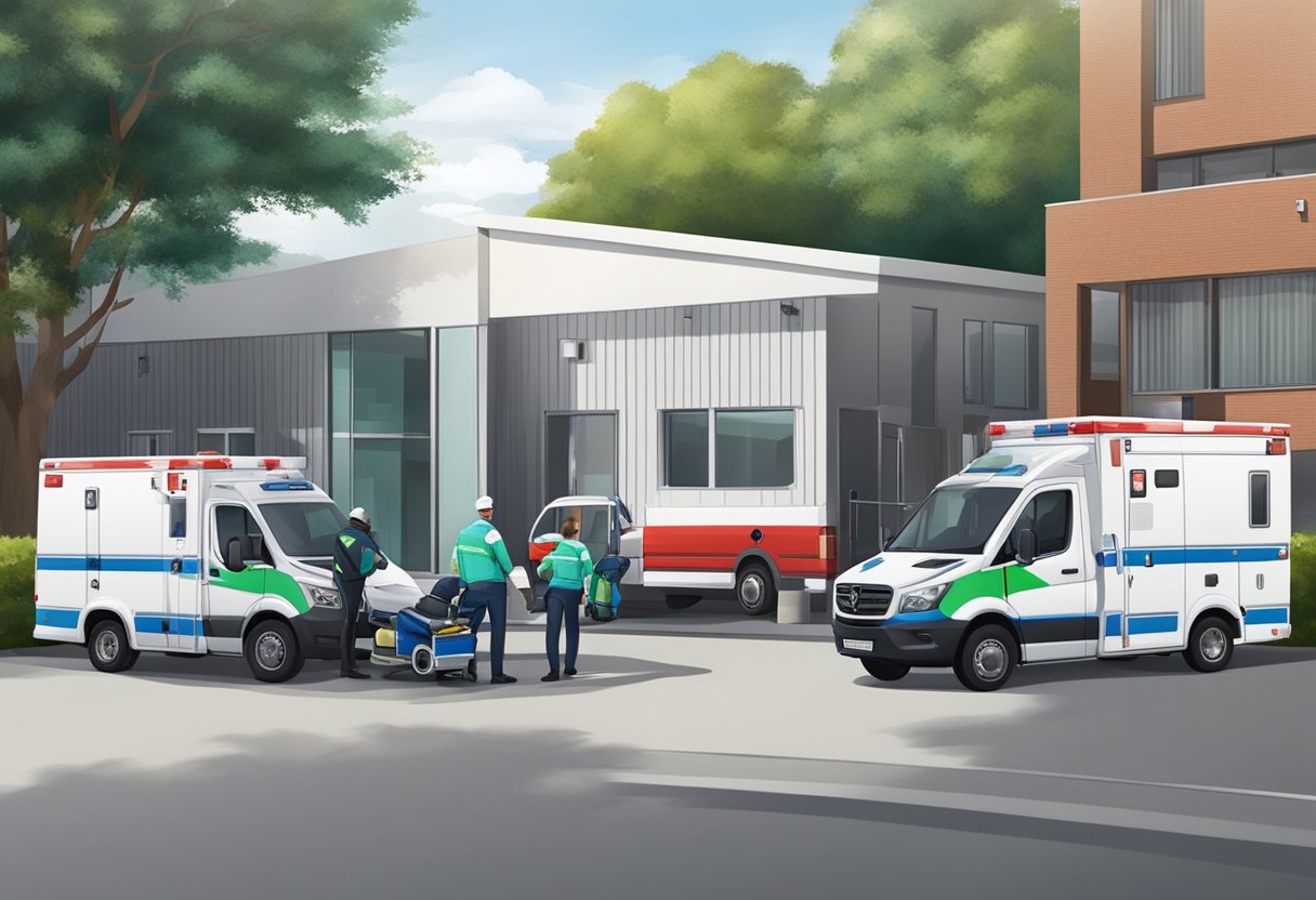 Uma ambulância particular estacionada do lado de fora de uma instalação especial de remoção e cuidados, com um paramédico atendendo a um paciente.