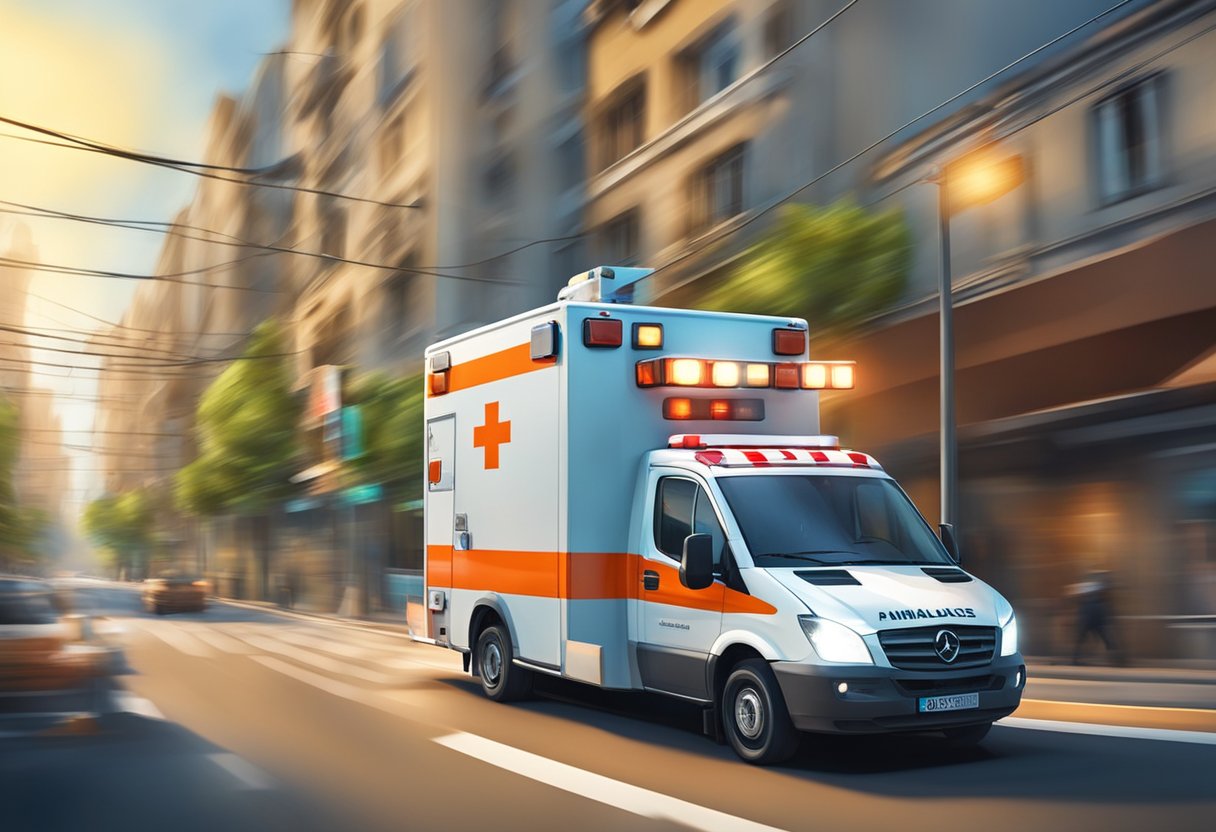 Uma ambulância acelerando por uma rua em Pinhais, com suas luzes piscando e sirenes soando, correndo para responder a uma emergência