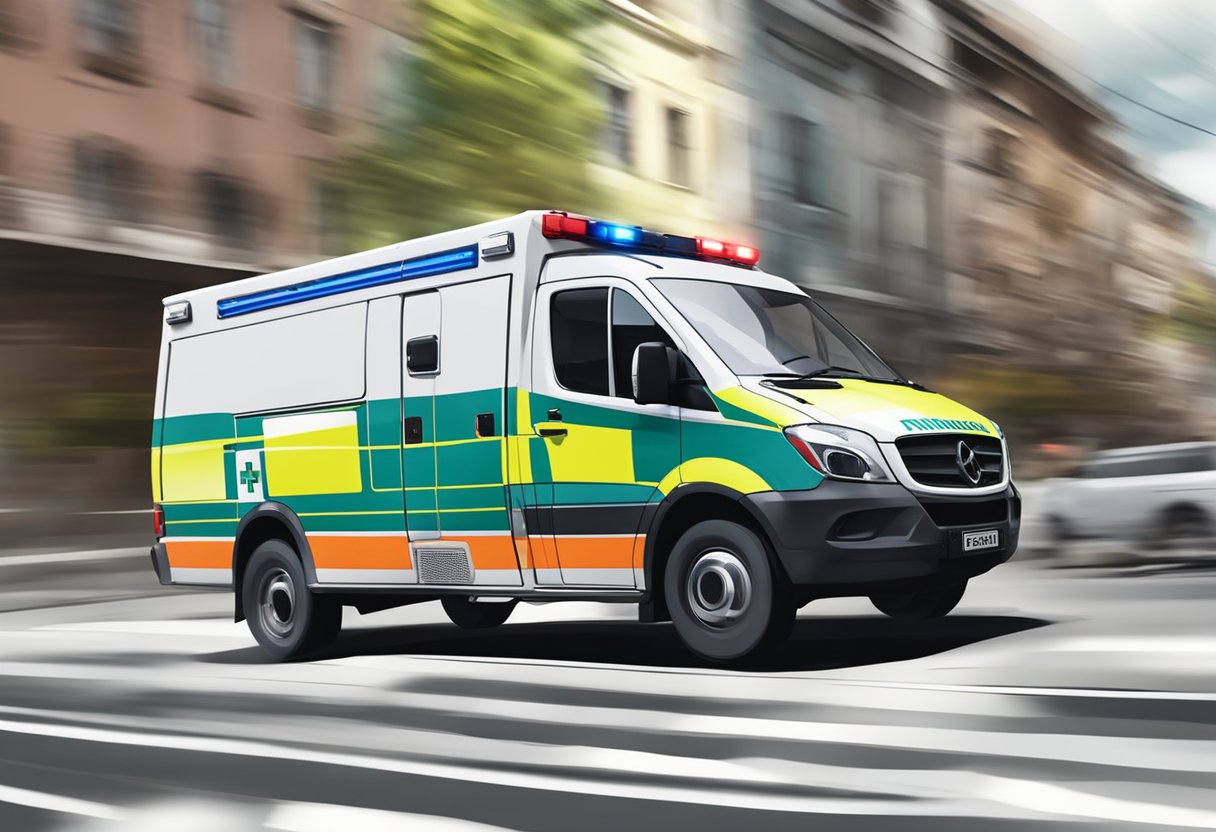 Uma ambulância acelerando pelas ruas de Pinhais, com sirenes tocando e luzes piscando, apressando-se para fornecer serviços médicos de emergência na área metropolitana.