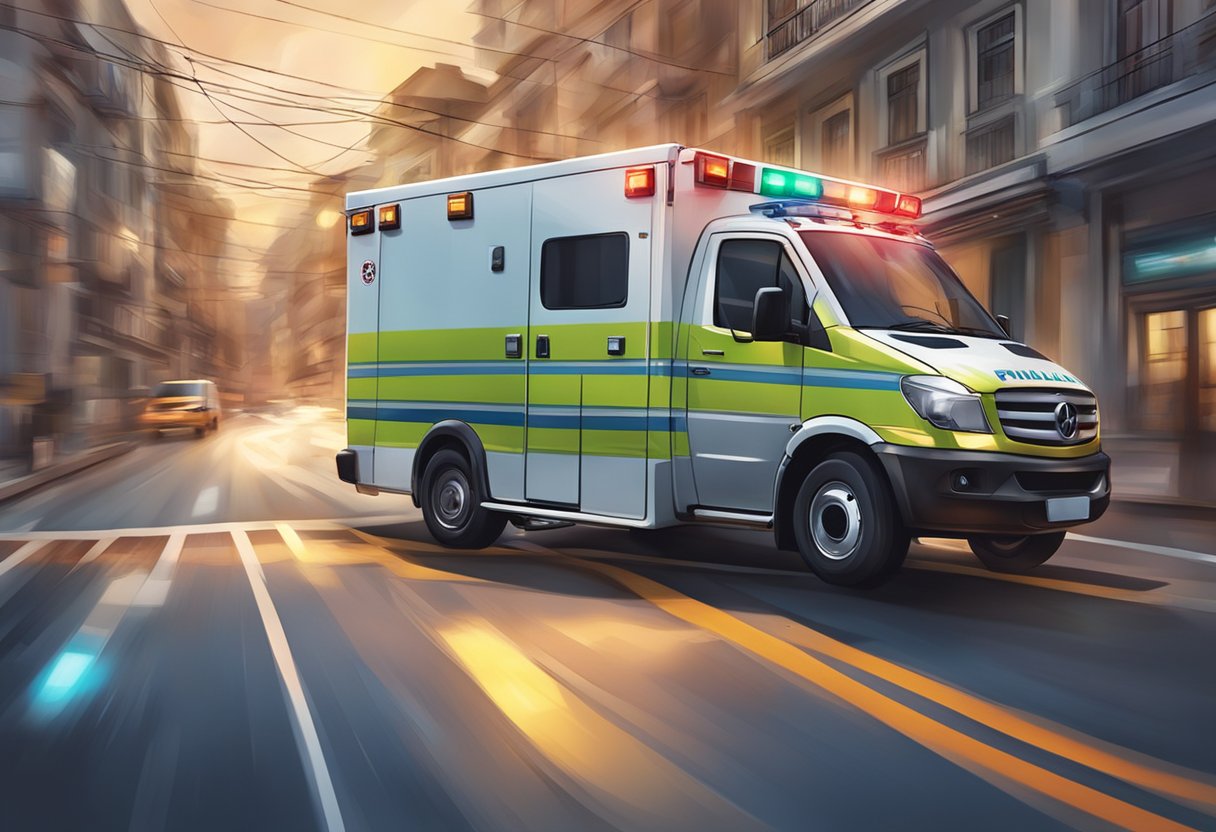 Uma ambulância acelerando pelas ruas de Pinhais, com luzes piscando e sirenes tocando, apressando-se para atender a uma emergência