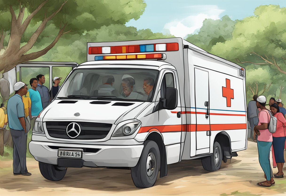 Uma recente chegada de ambulância na comunidade de Pinhais, com espectadores e rostos preocupados