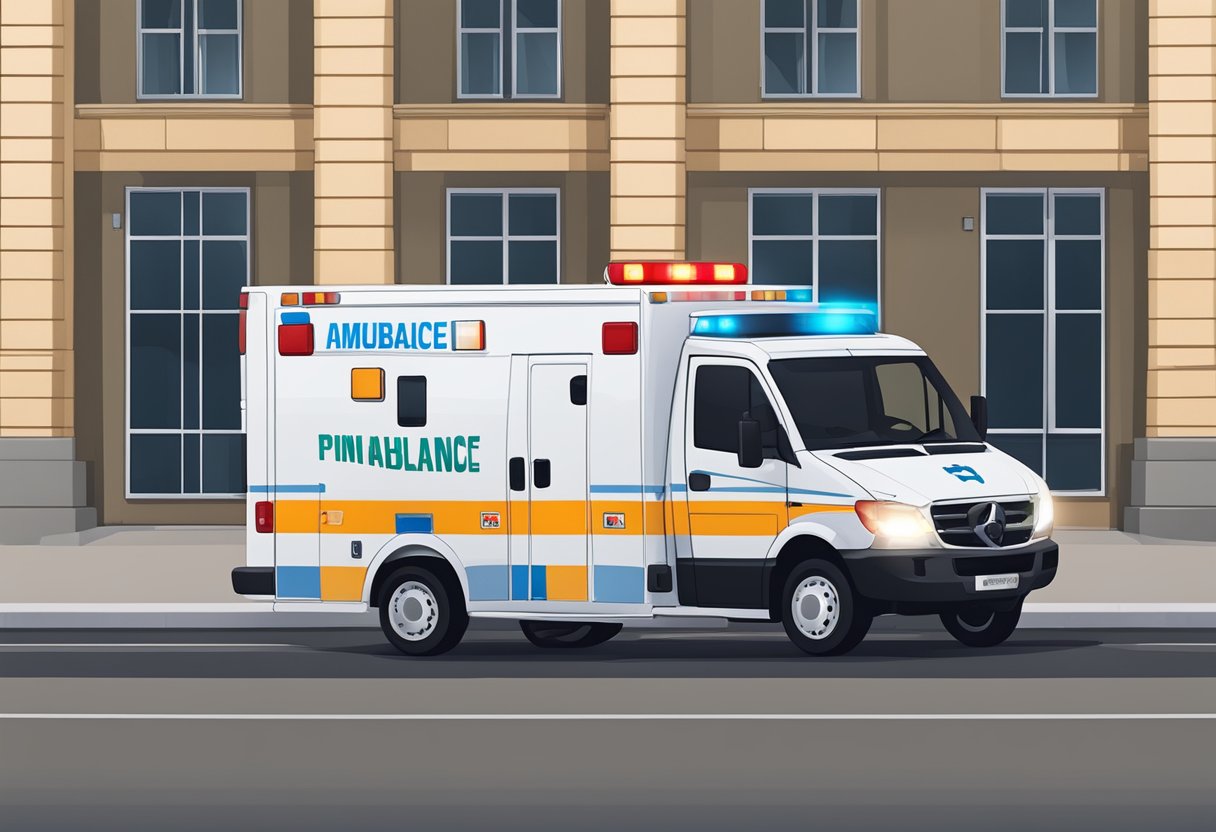 Uma ambulância estacionada do lado de fora de um prédio em Pinhais, com luzes piscantes e sinalização de emergência
