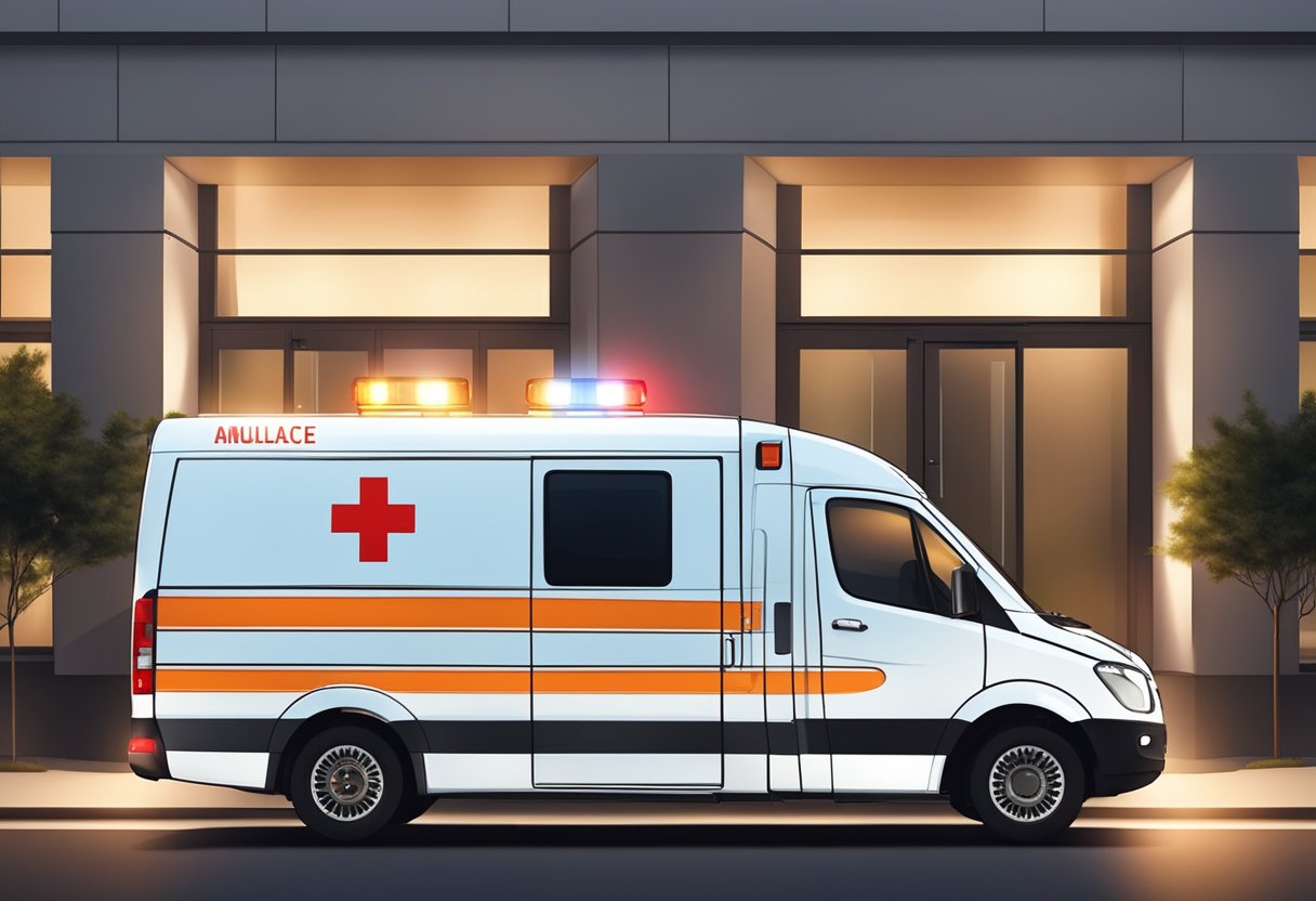 Ambulancia privada: quando e por que optar por esse serviço especializado 1 Uma ambulância particular estacionada do lado de fora de um prédio, com as luzes piscando e o símbolo médico visível na lateral.