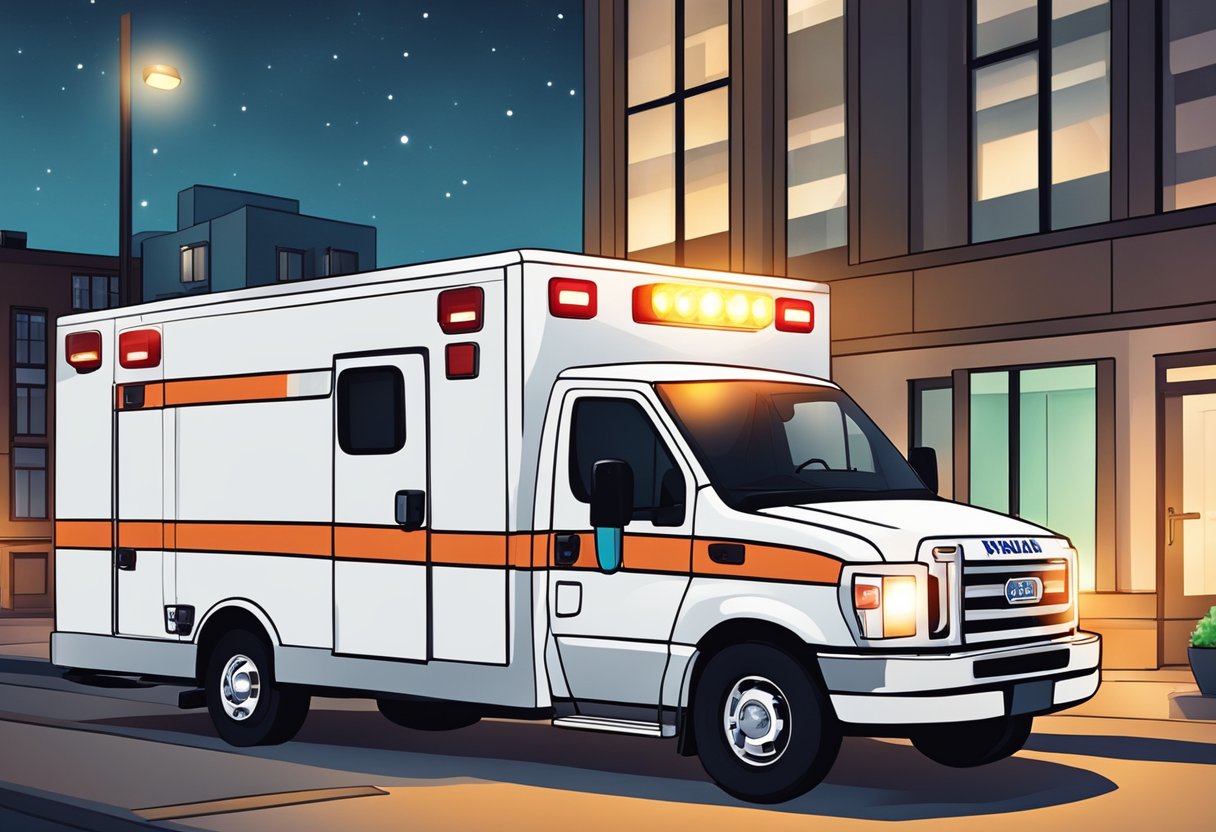 Ambulancia privada: quando e por que optar por esse serviço especializado 2 Uma ambulância particular estacionada em frente a um prédio com suas luzes piscando