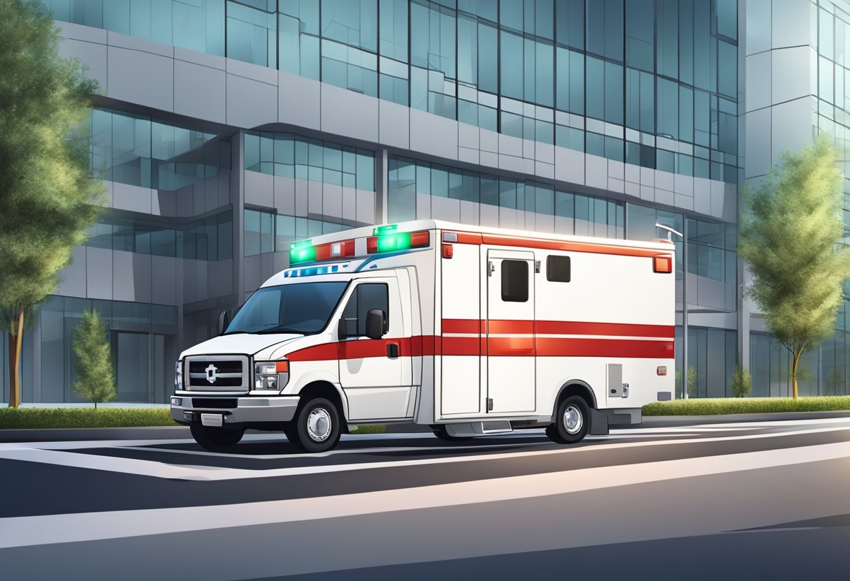 Ambulancia privada: quando e por que optar por esse serviço especializado 3 Uma ambulância particular estacionada do lado de fora de um hospital moderno, com suas luzes piscando e equipamentos médicos visíveis através das janelas.