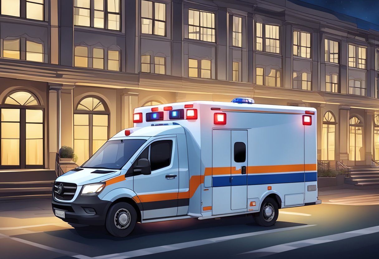 Ambulancia privada: quando e por que optar por esse serviço especializado 6 Uma ambulância particular estacionada do lado de fora de um local de eventos, com suas luzes piscando e equipamentos médicos visíveis através das janelas.