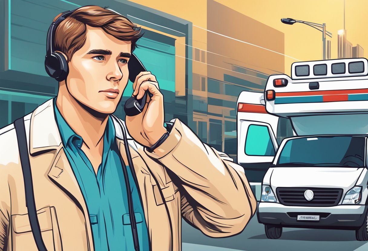 Ambulancia privada: quando e por que optar por esse serviço especializado 7 Uma pessoa fazendo uma ligação telefônica, gesticulando urgentemente, com uma ambulância particular ao fundo.