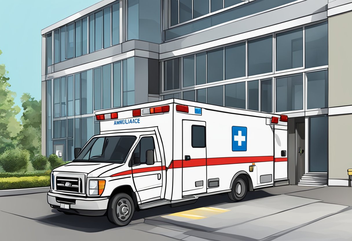 Ambulancia privada: quando e por que optar por esse serviço especializado 8 Uma ambulância particular estacionada do lado de fora de um prédio com rampas para cadeirantes e entradas acessíveis.