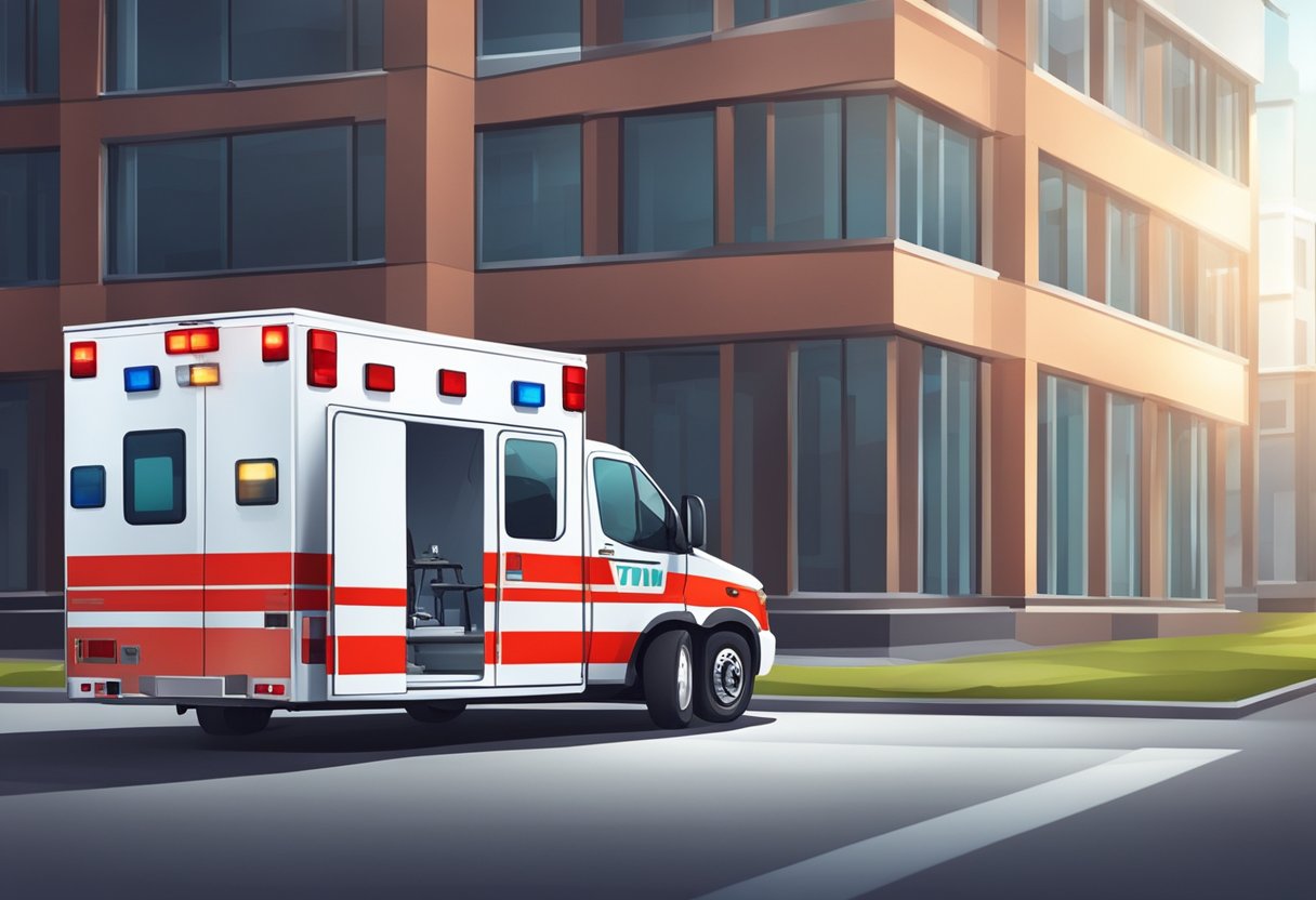 Uma ambulância com luzes vermelhas e brancas piscando estacionou do lado de fora de um edifício, com uma maca e equipamentos médicos visíveis através das portas traseiras abertas.
